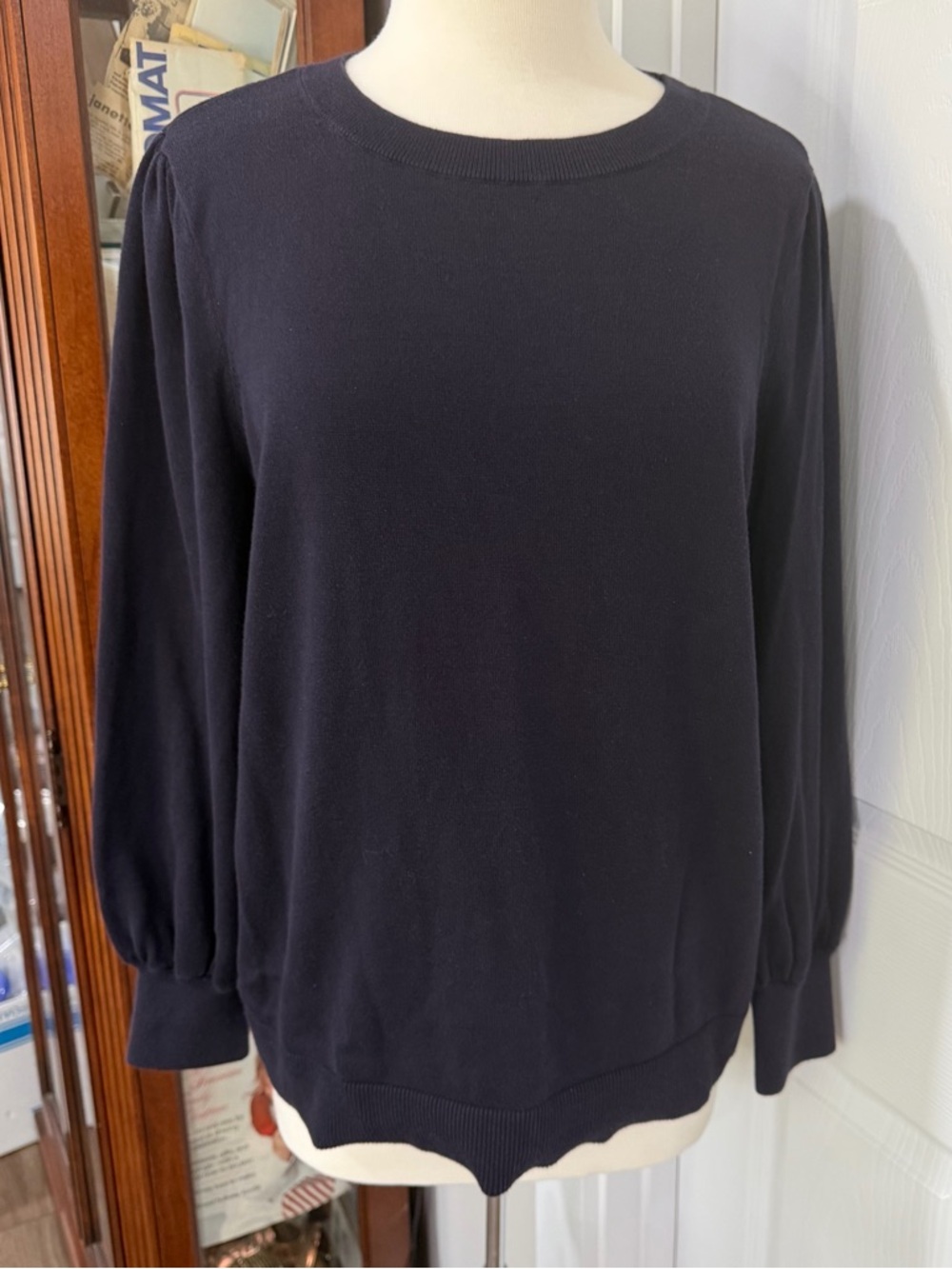 Lands' End Navy Crewneck Sweater with Puff Sleeves